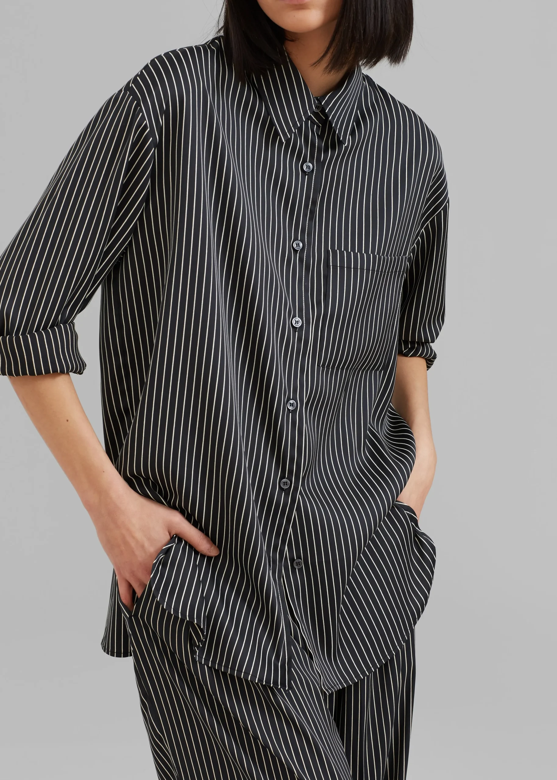 The Frankie Shop Lui Satin Shirt Black Pinstripe Clearance