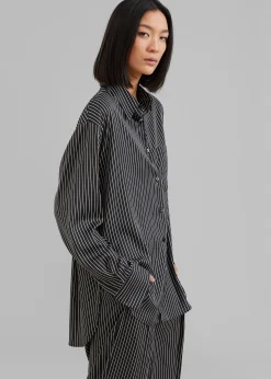 The Frankie Shop Lui Satin Shirt Black Pinstripe Clearance