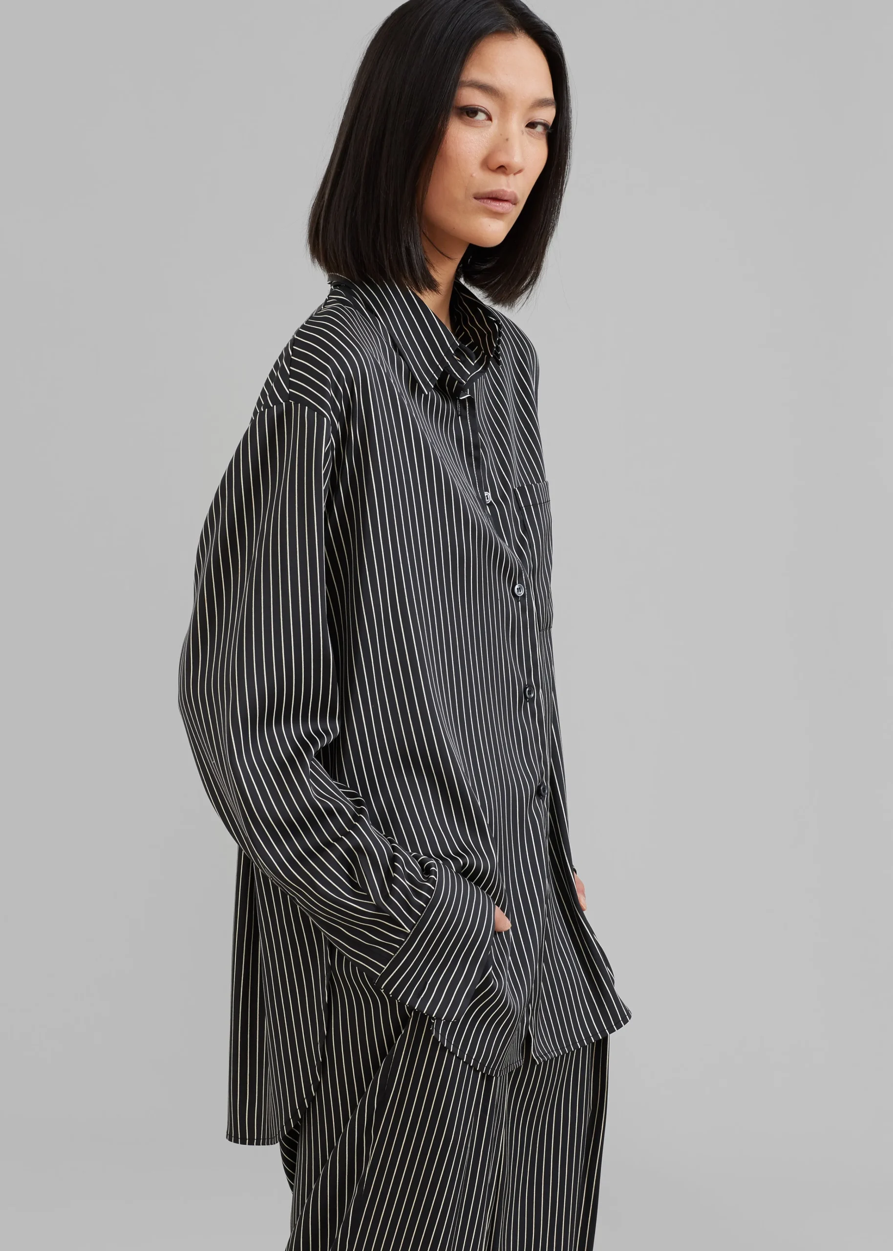 The Frankie Shop Lui Satin Shirt Black Pinstripe Clearance