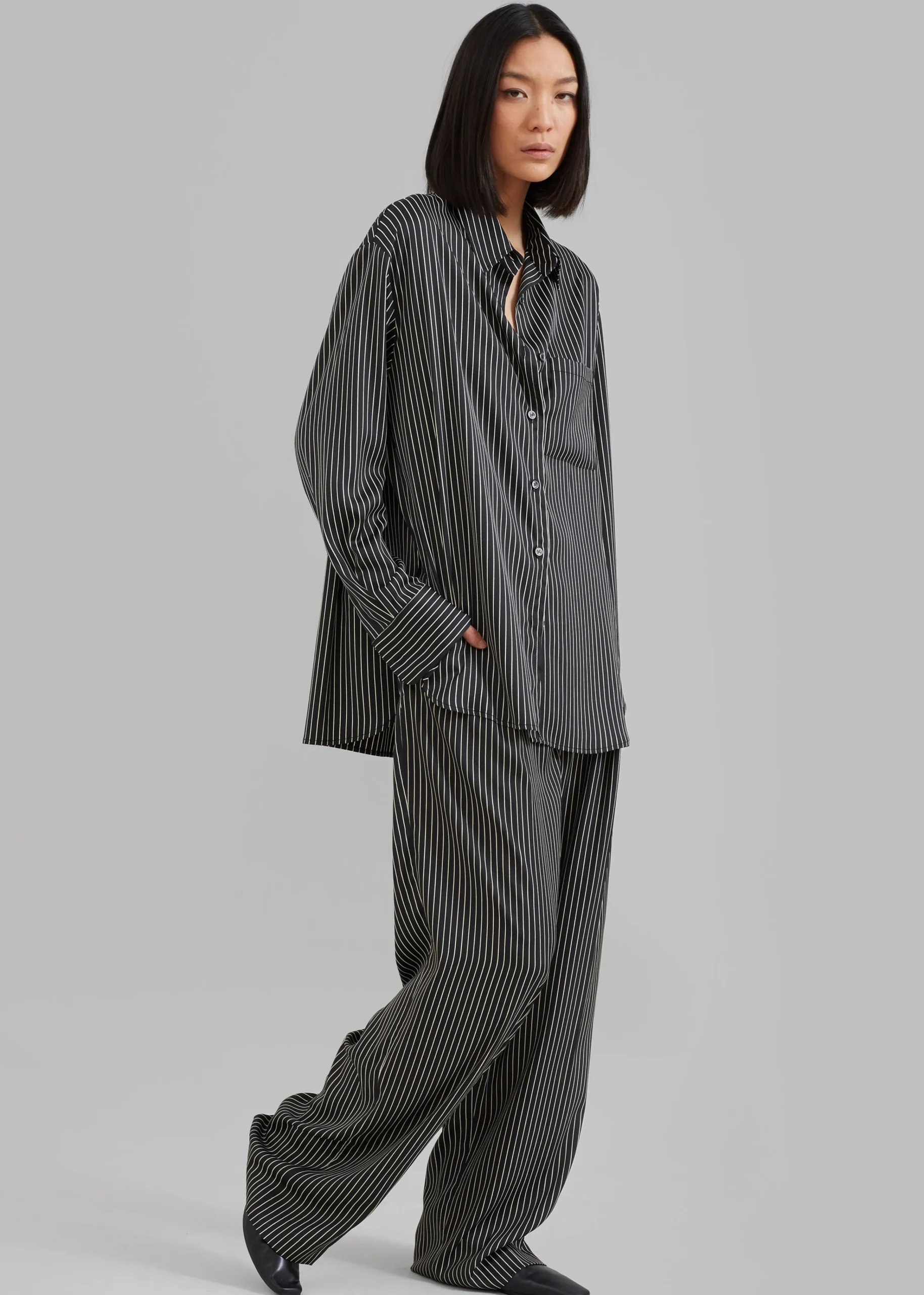 The Frankie Shop Lui Satin Shirt Black Pinstripe Clearance
