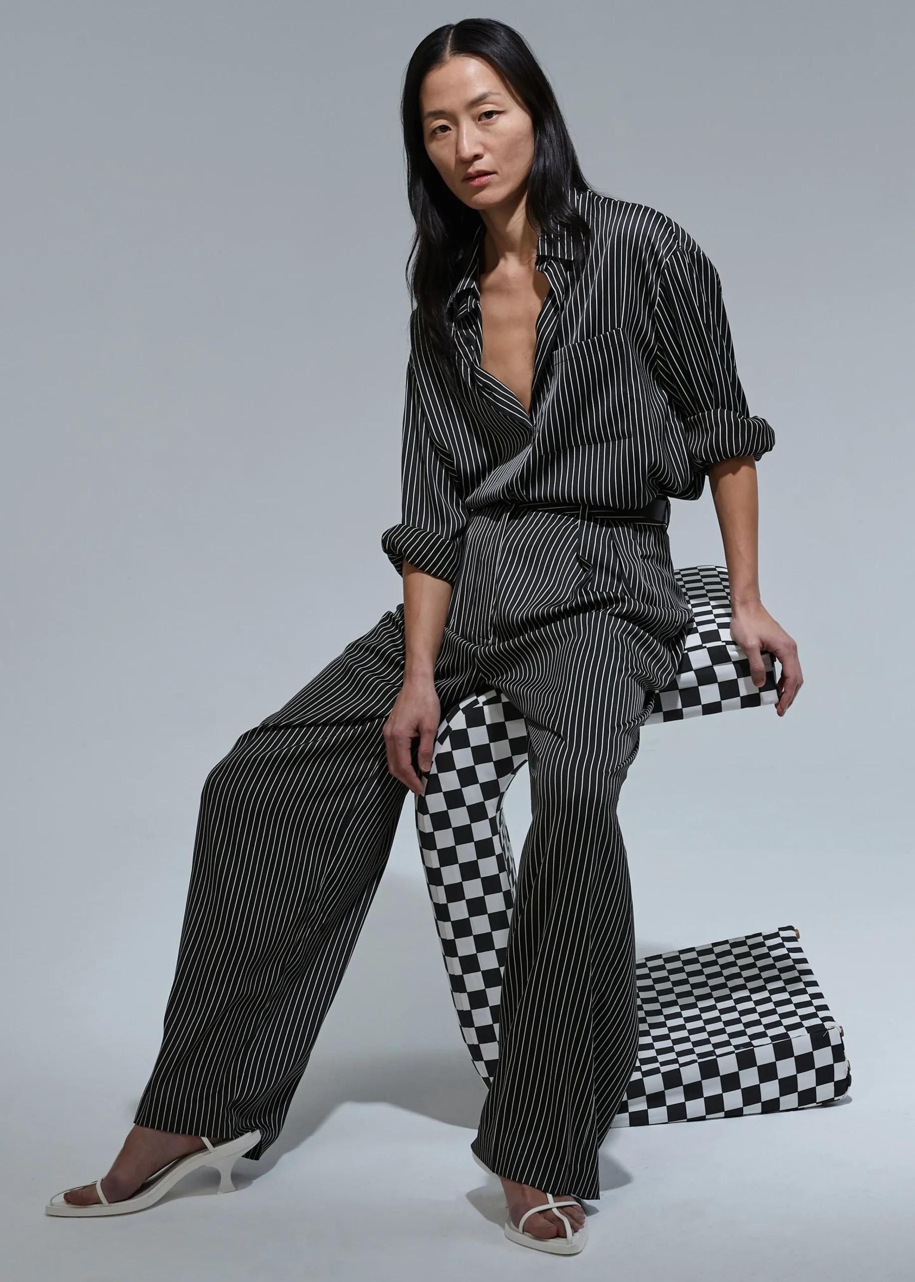 The Frankie Shop Lui Satin Shirt Black Pinstripe Clearance