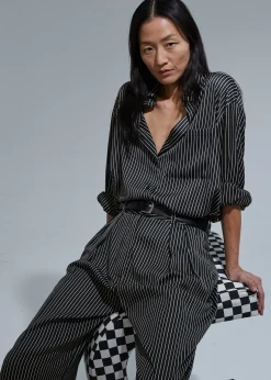 The Frankie Shop Lui Satin Shirt Black Pinstripe Clearance