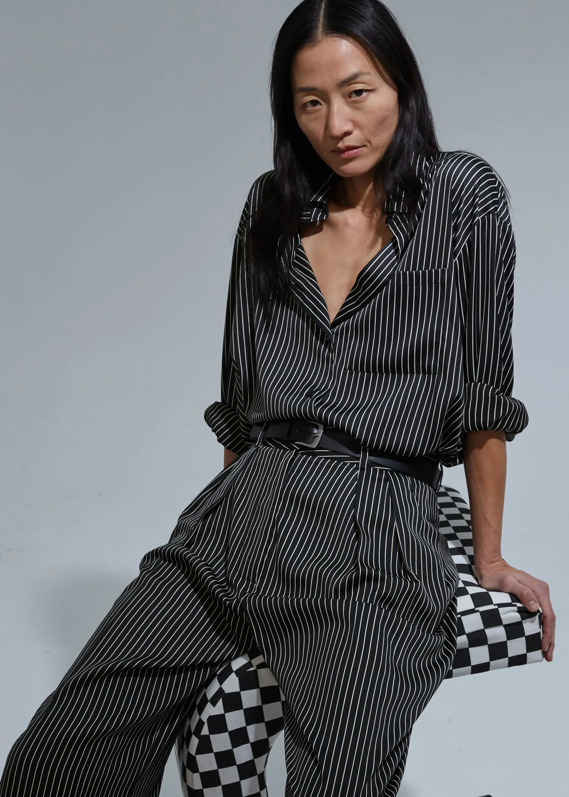 The Frankie Shop Lui Satin Shirt Black Pinstripe Clearance