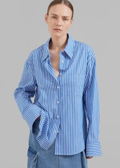 The Frankie Shop Lui Thin Stripe Shirt Medium Blue Stripe New