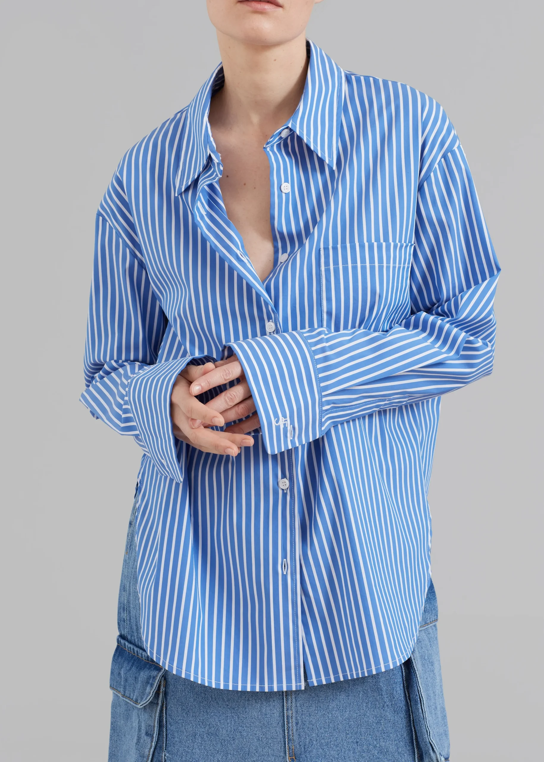 The Frankie Shop Lui Thin Stripe Shirt Medium Blue Stripe New