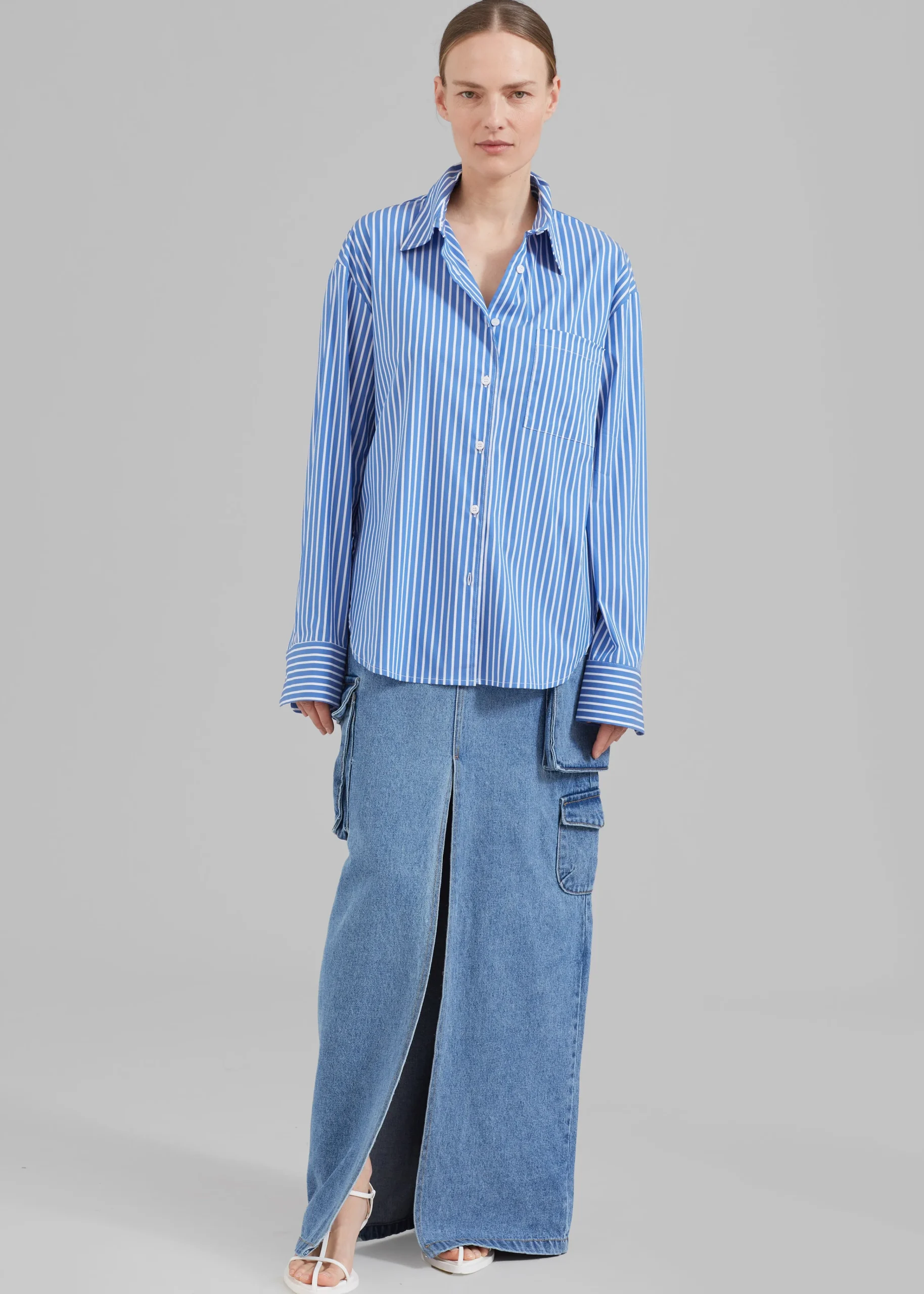 The Frankie Shop Lui Thin Stripe Shirt Medium Blue Stripe New