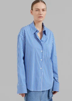 The Frankie Shop Lui Thin Stripe Shirt Medium Blue Stripe New