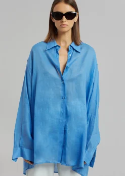 The Frankie Shop Marlow Oversized Linen Shirt Blue