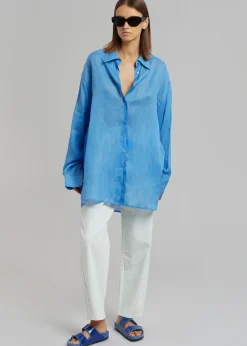 The Frankie Shop Marlow Oversized Linen Shirt Blue