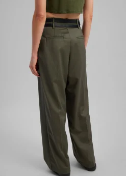 The Frankie Shop Nellie Belted Pleated Pants Olive Outlet