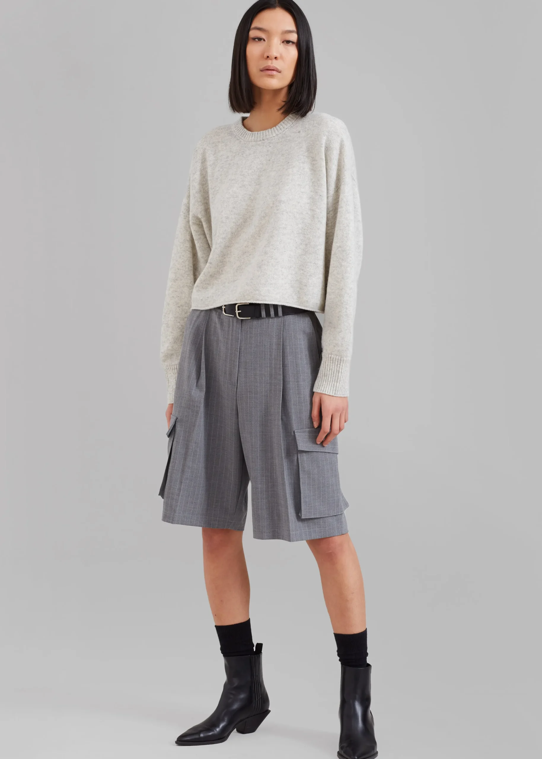The Frankie Shop Omoka Cargo Trouser Shorts Grey Pinstripe Clearance