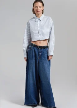 The Frankie Shop Palermo White Cropped Shirt Navy Stripe Outlet