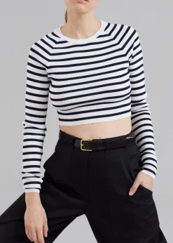 The Frankie Shop Remain Striped Knit Cropped Top White Print Sale