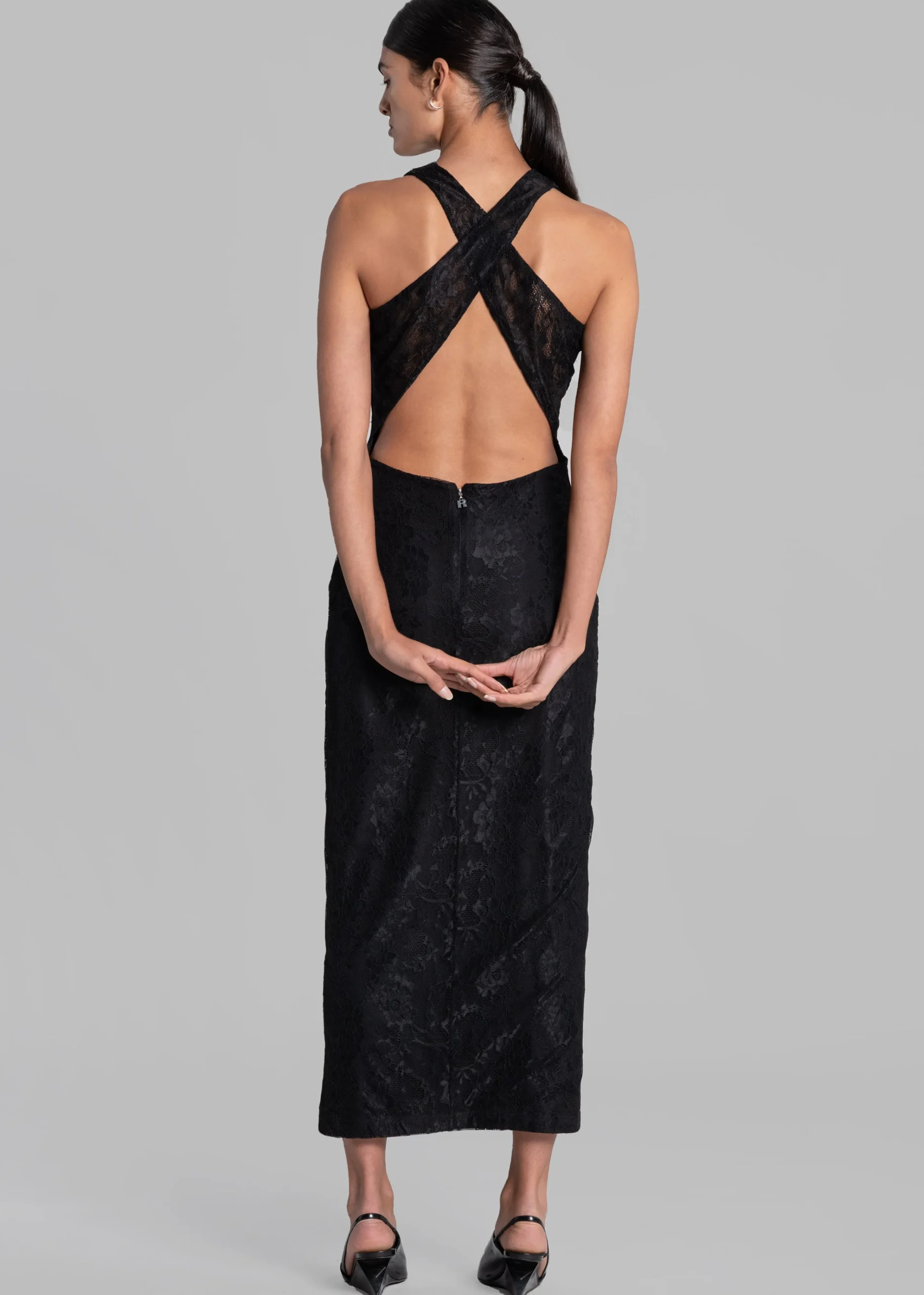 The Frankie Shop Rotate Mesh Lace Slit Dress Black Hot