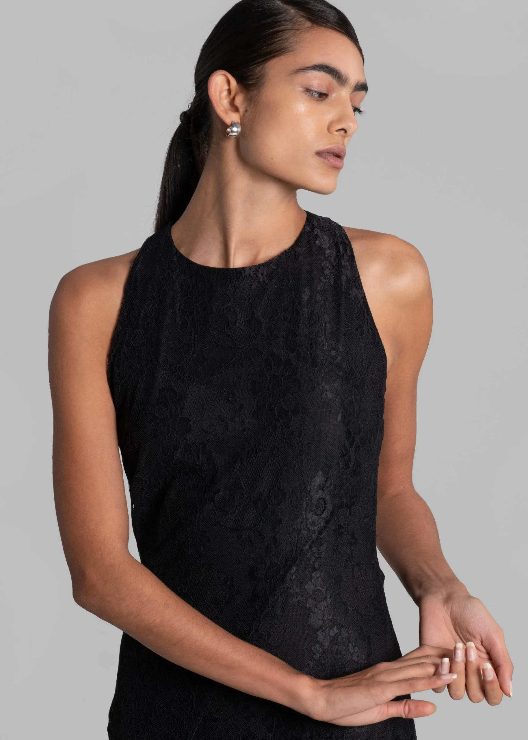 The Frankie Shop Rotate Mesh Lace Slit Dress Black Hot