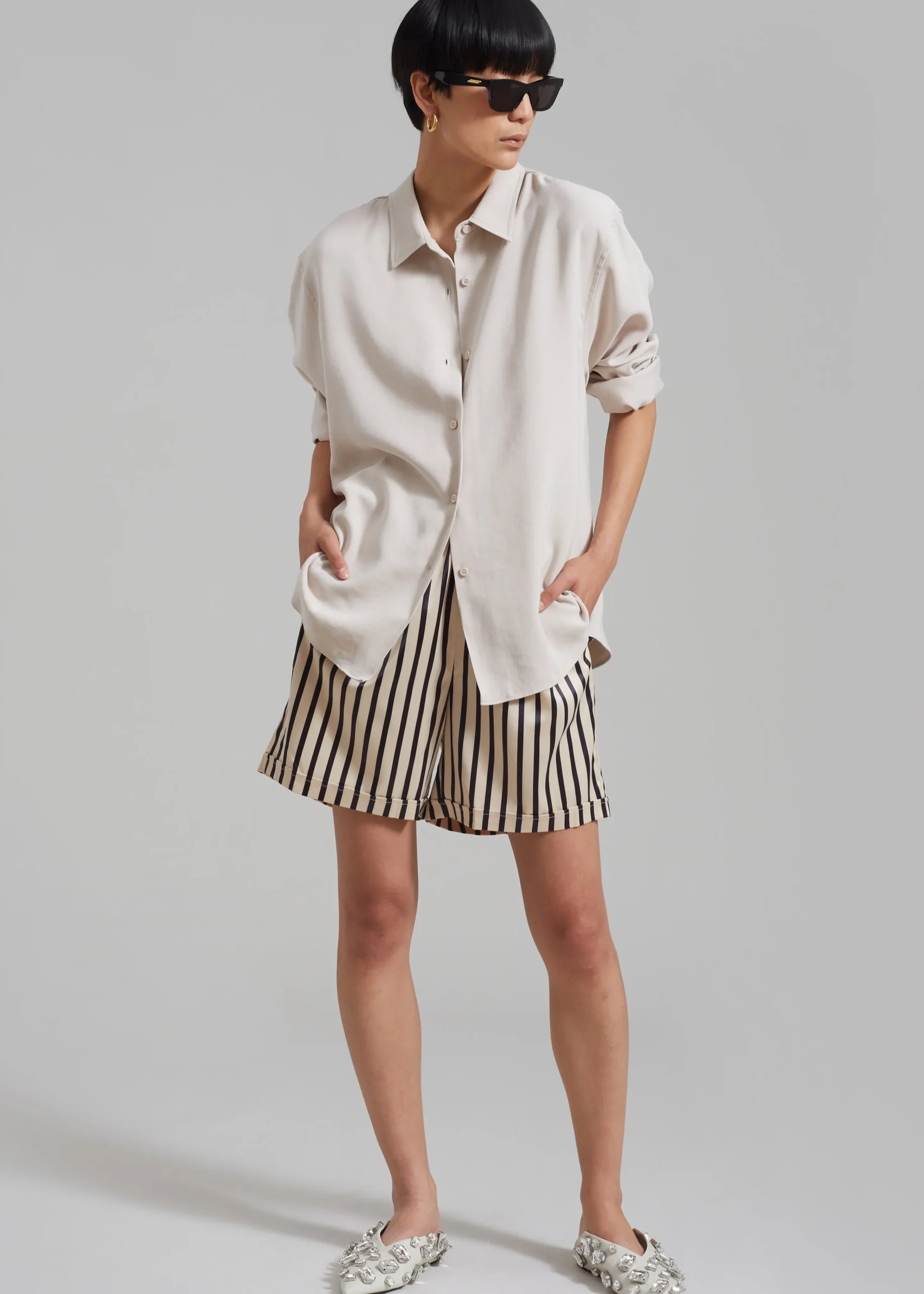 The Frankie Shop Solaqua Silk Shorts Ecru With Black Stripes Outlet