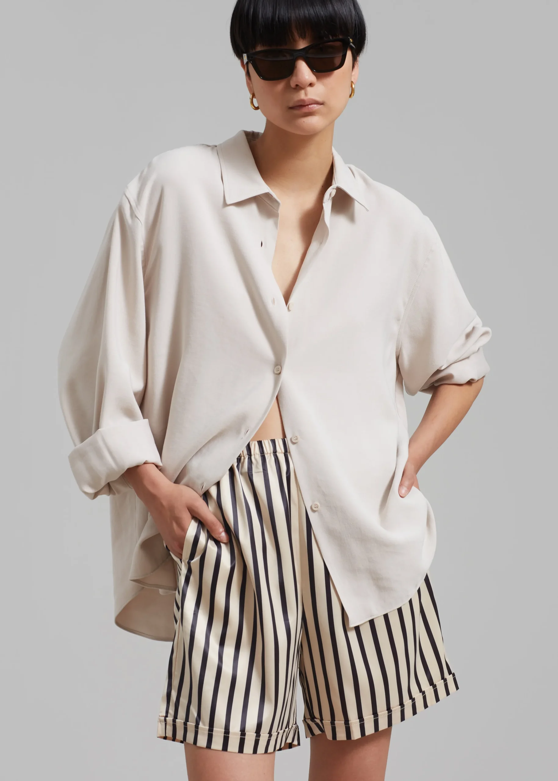 The Frankie Shop Solaqua Silk Shorts Ecru With Black Stripes Outlet