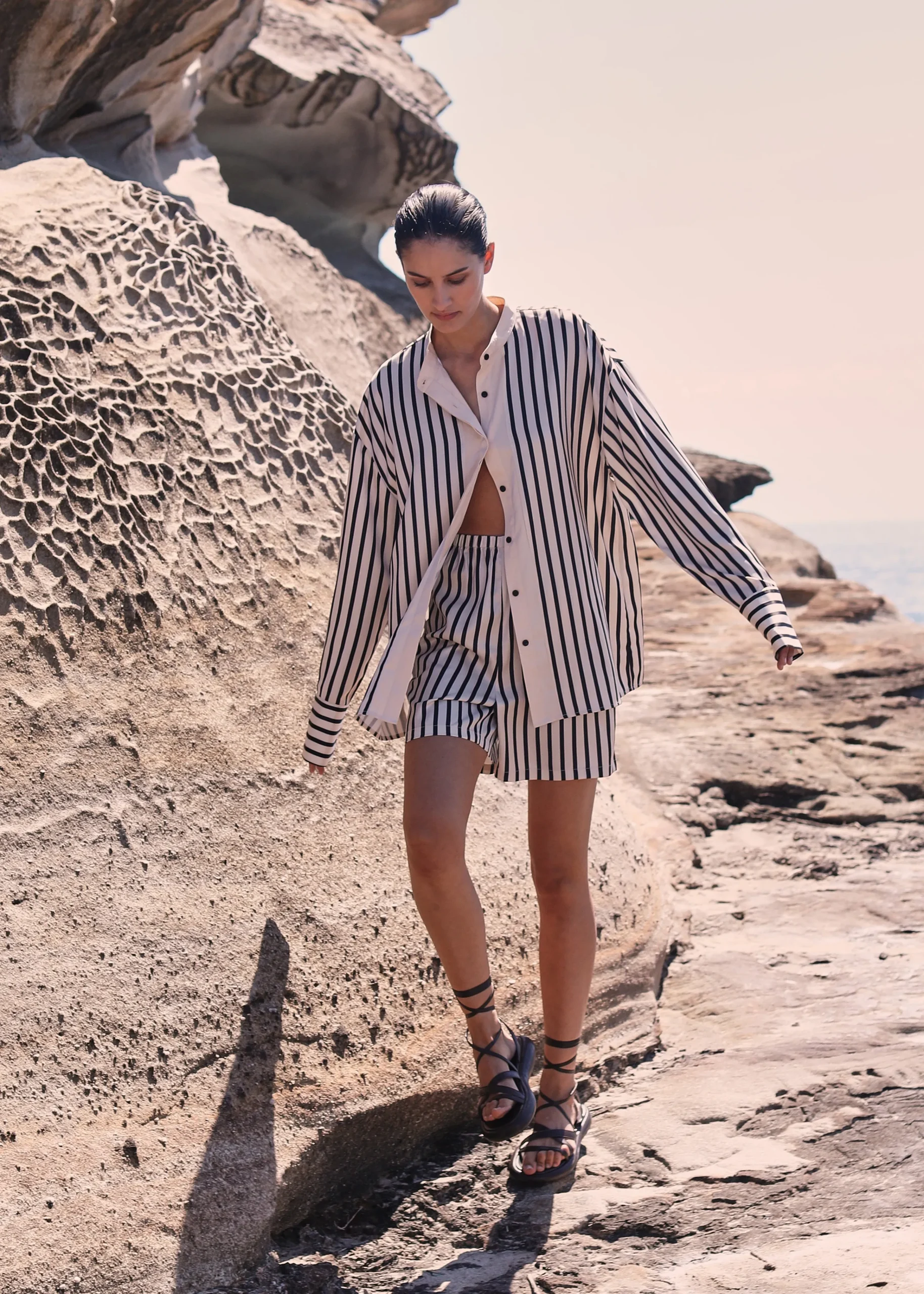 The Frankie Shop Solaqua Silk Shorts Ecru With Black Stripes Outlet