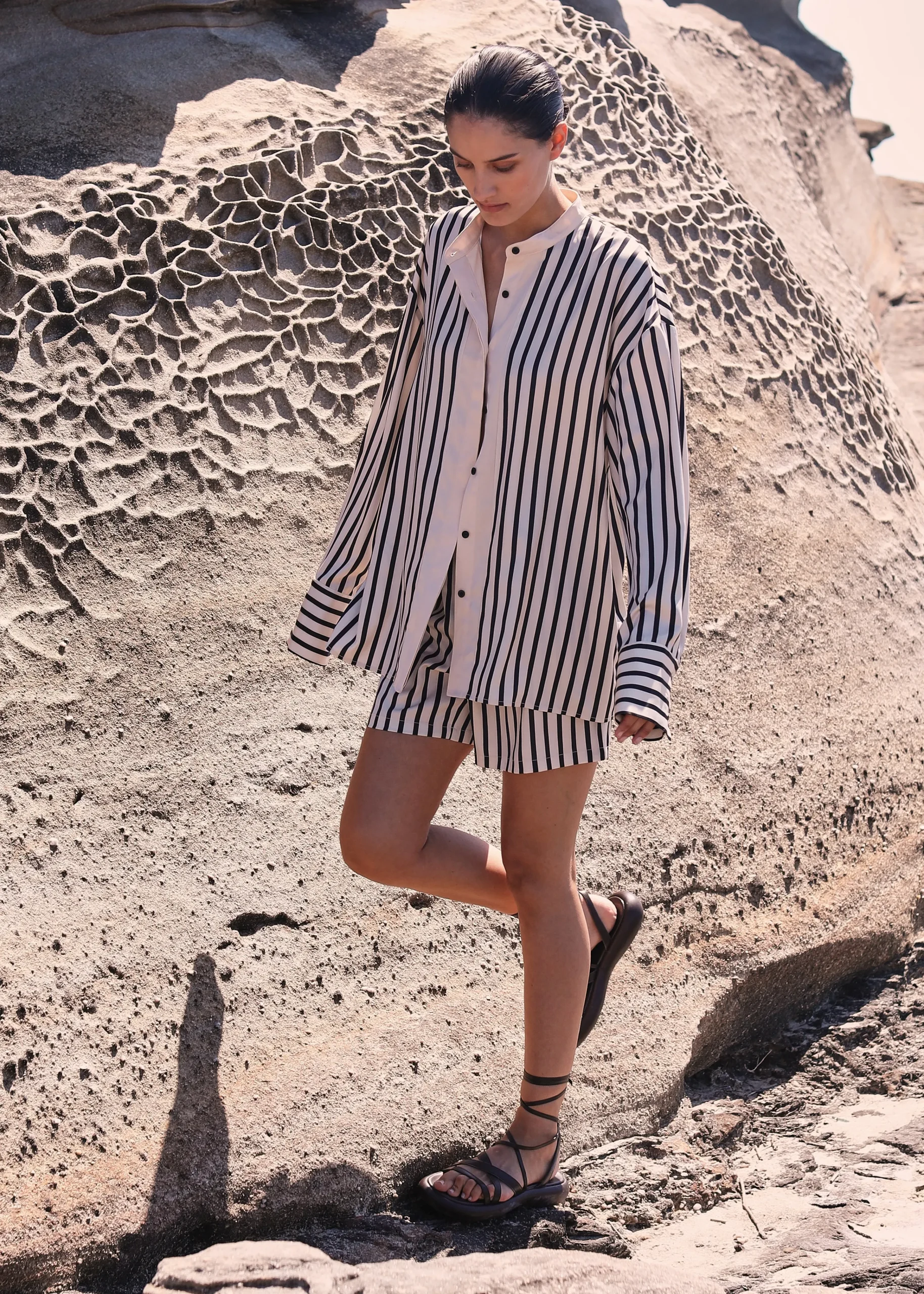 The Frankie Shop Solaqua Silk Shorts Ecru With Black Stripes Outlet
