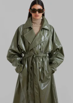 The Frankie Shop Sue Vinyl Trench Coat Green Best