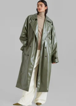 The Frankie Shop Sue Vinyl Trench Coat Green Best