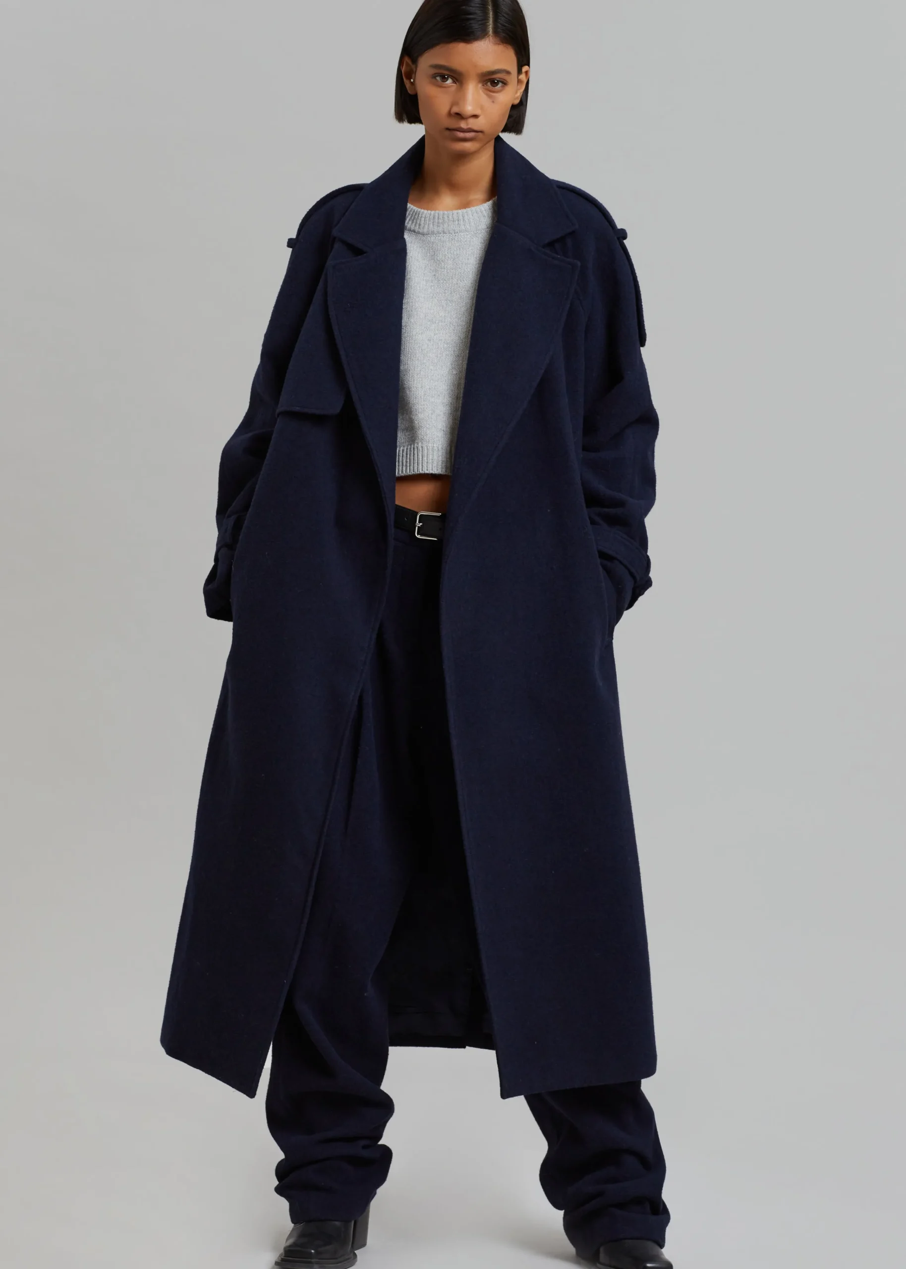 The Frankie Shop Suzanne Wool Trench Coat Navy