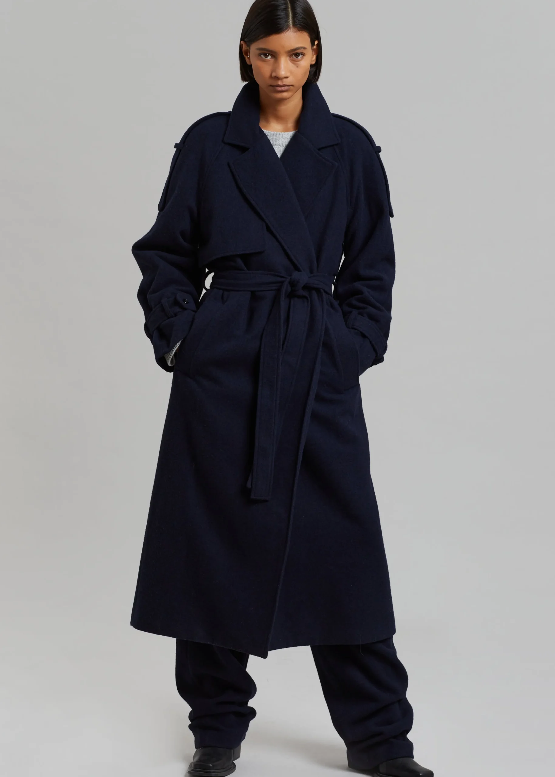 The Frankie Shop Suzanne Wool Trench Coat Navy