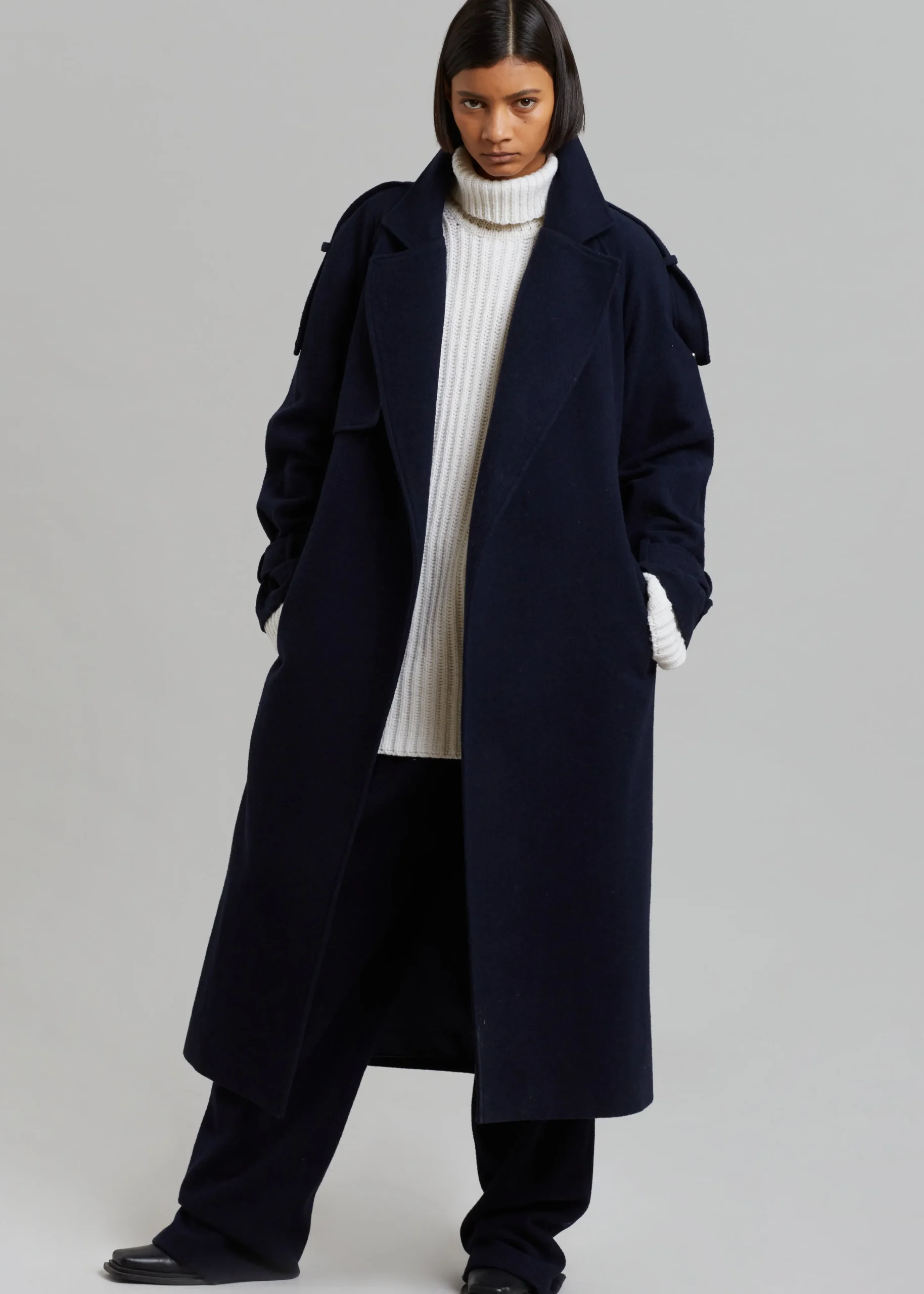 The Frankie Shop Suzanne Wool Trench Coat Navy