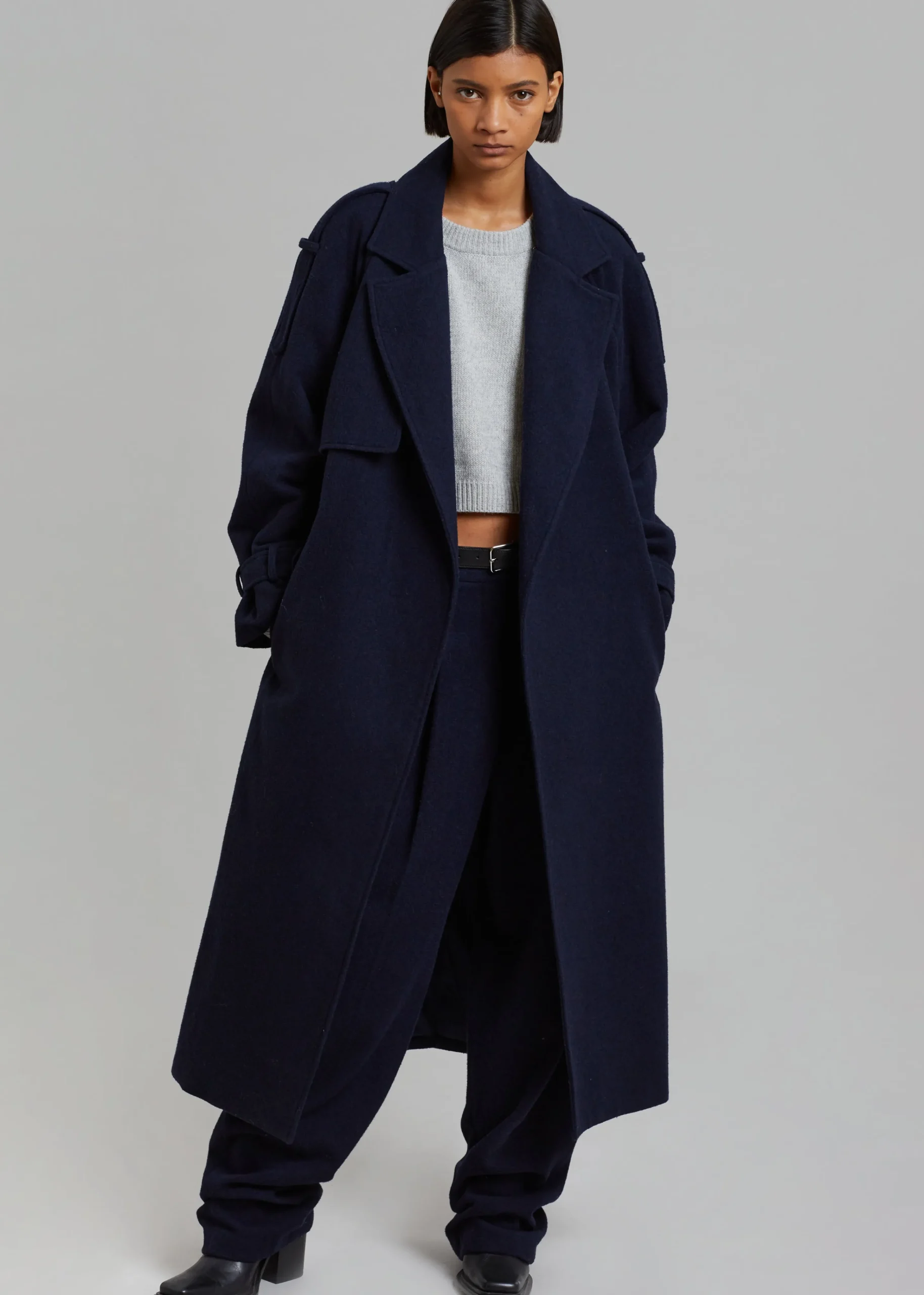 The Frankie Shop Suzanne Wool Trench Coat Navy