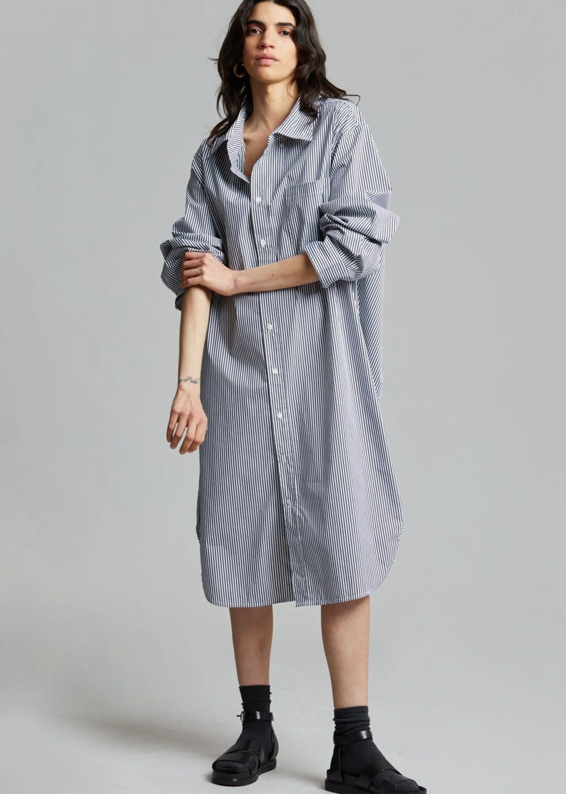 The Frankie Shop Talia Shirt Dress Black/White Stripe Clearance