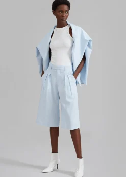 The Frankie Shop Vivian Fluid Pleated Bermuda Shorts Blue Pinstripe Discount