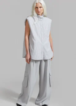 The Frankie Shop Aiden Long Collar Shirt Grey Stripe New
