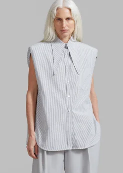 The Frankie Shop Aiden Long Collar Shirt Grey Stripe New