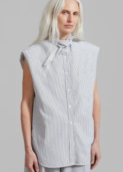 The Frankie Shop Aiden Long Collar Shirt Grey Stripe New