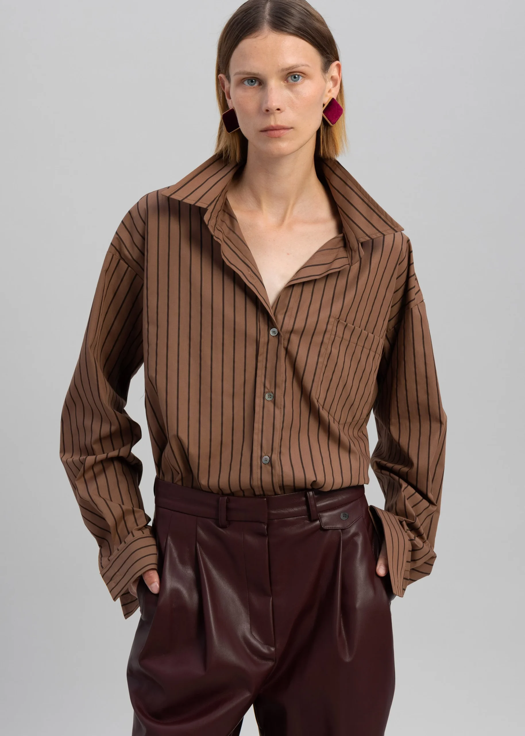 The Frankie Shop Anette Striped Shirt Brown New