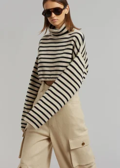 The Frankie Shop Athina Cropped Turtleneck Sweater Beige Stripe Discount