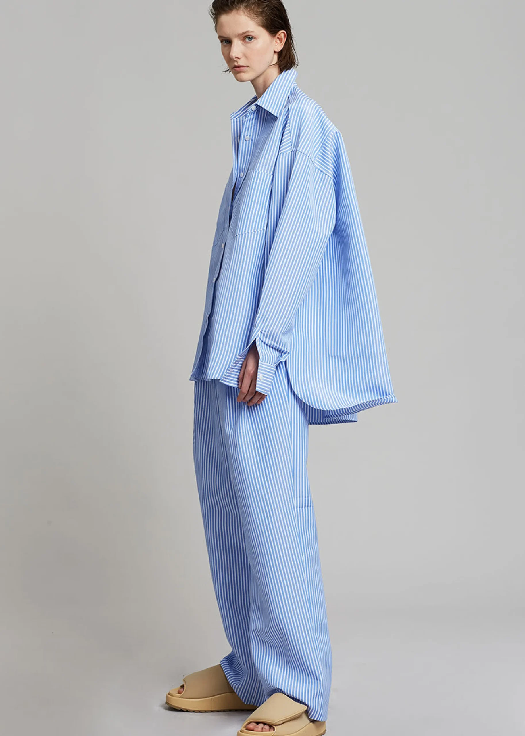 The Frankie Shop Bea Stripe Suit Pants White/Light Blue New