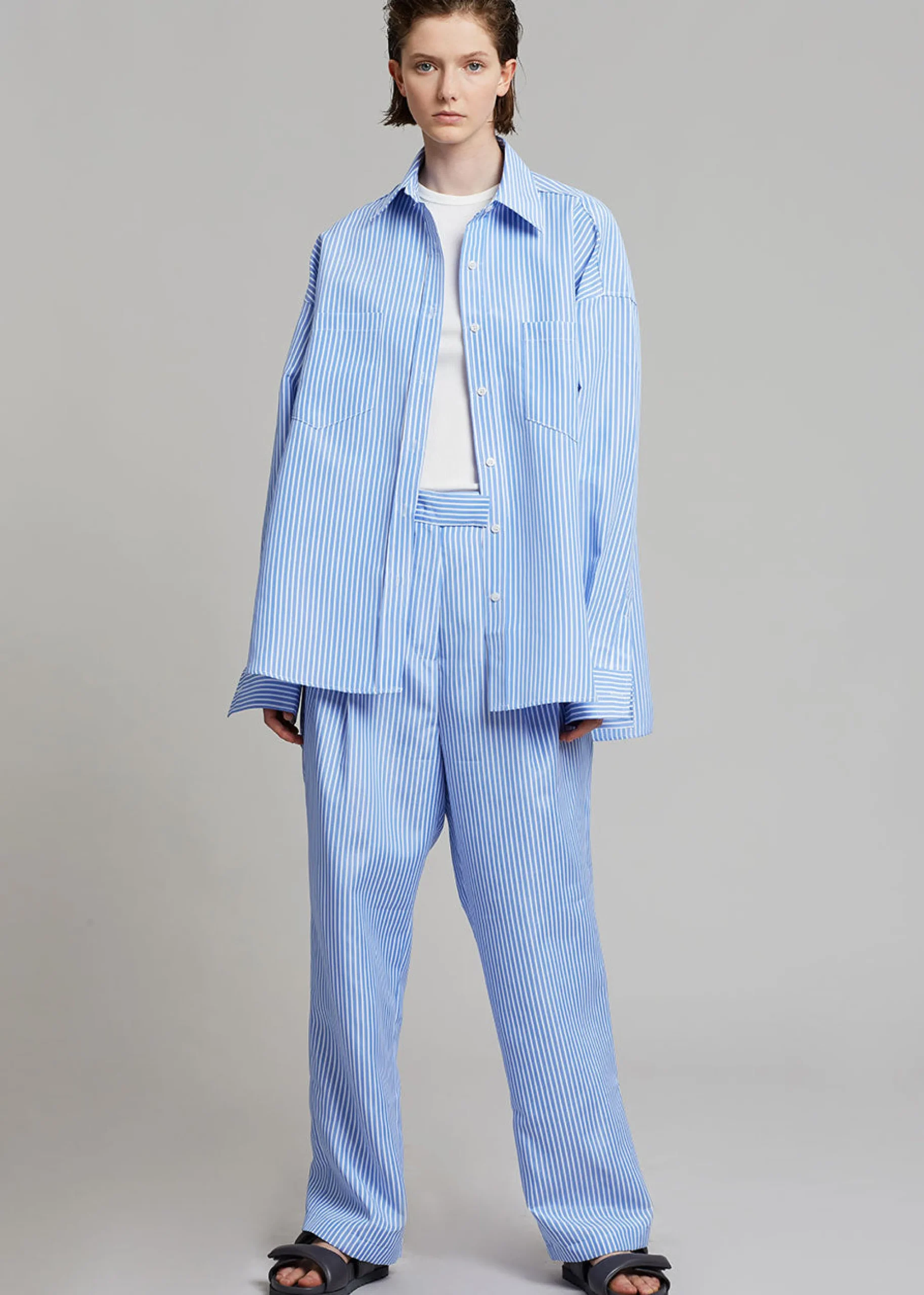 The Frankie Shop Bea Stripe Suit Pants White/Light Blue New