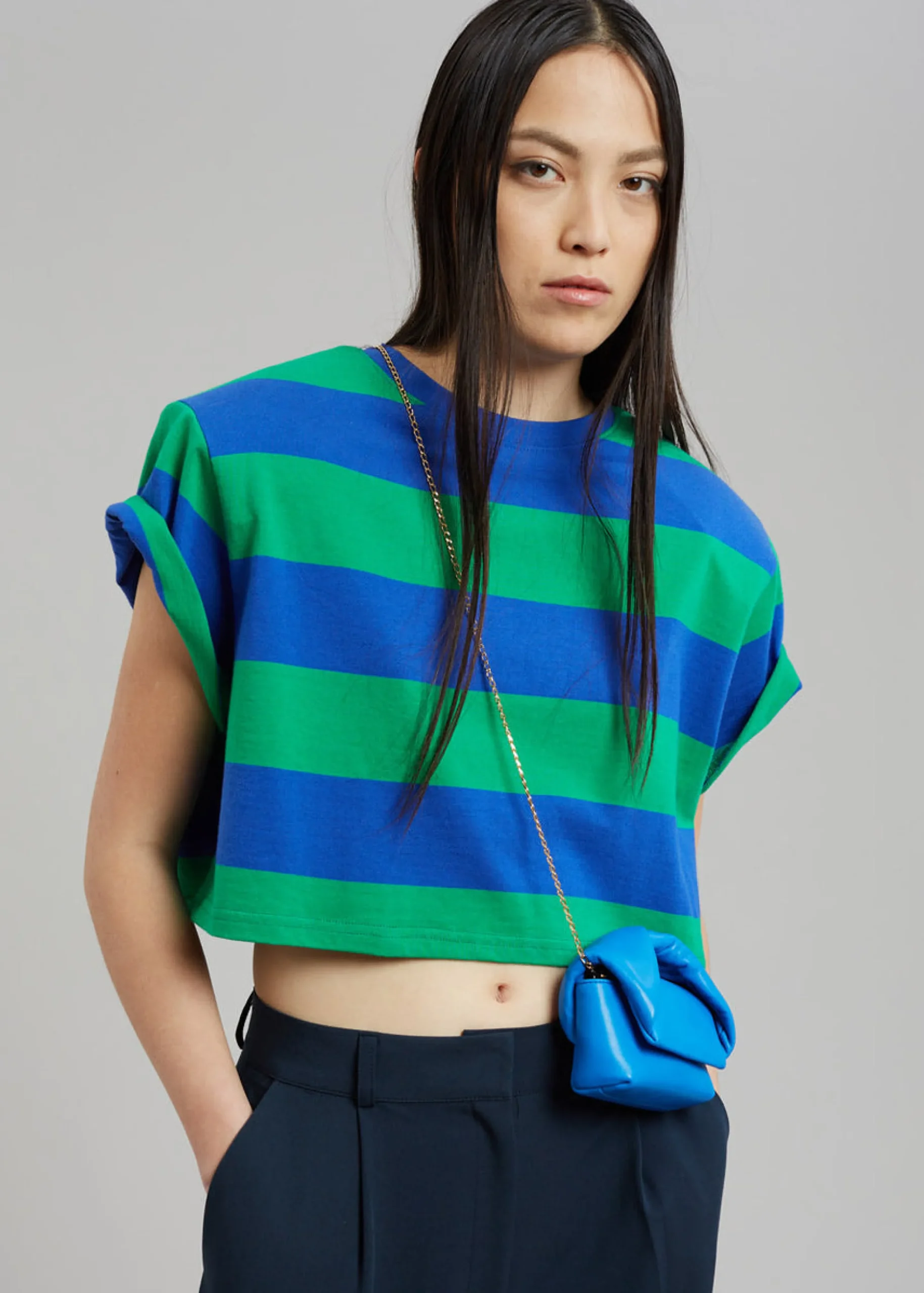 The Frankie Shop Caco Padded Cropped Tee Navy/Green Online