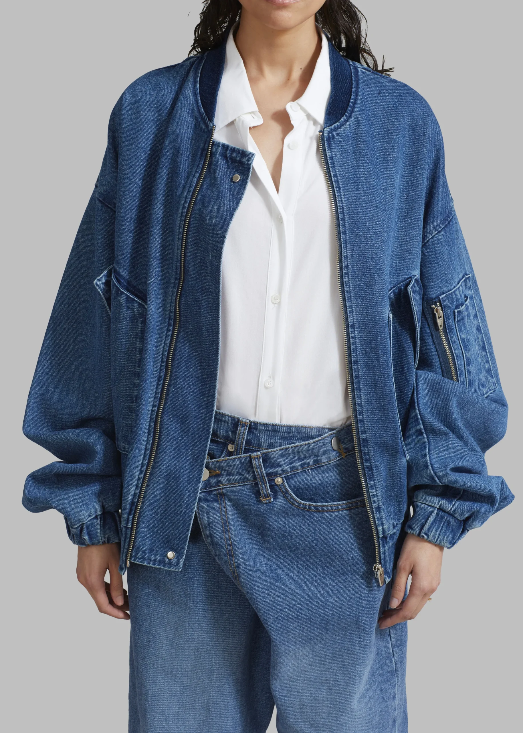The Frankie Shop Cade Denim Bomber Medium Wash New