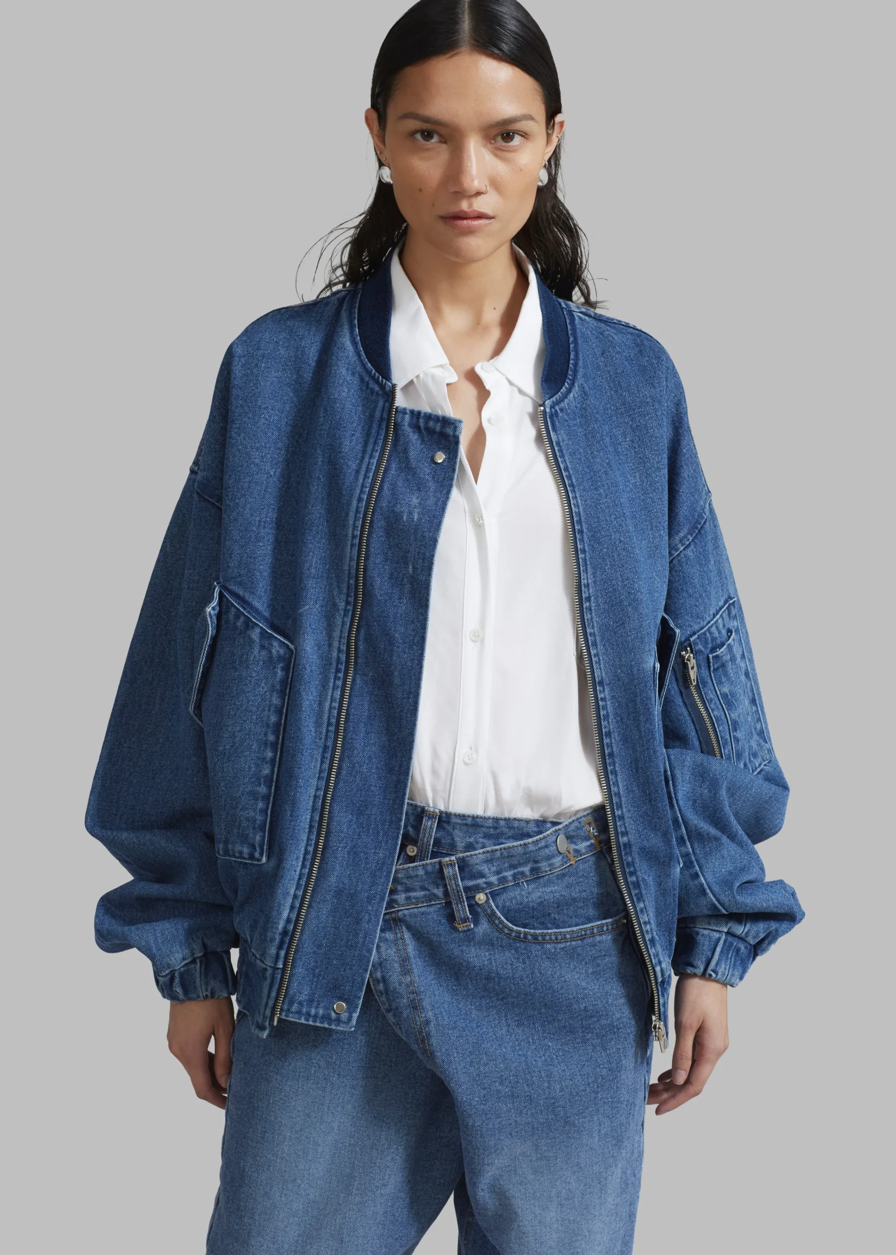 The Frankie Shop Cade Denim Bomber Medium Wash New