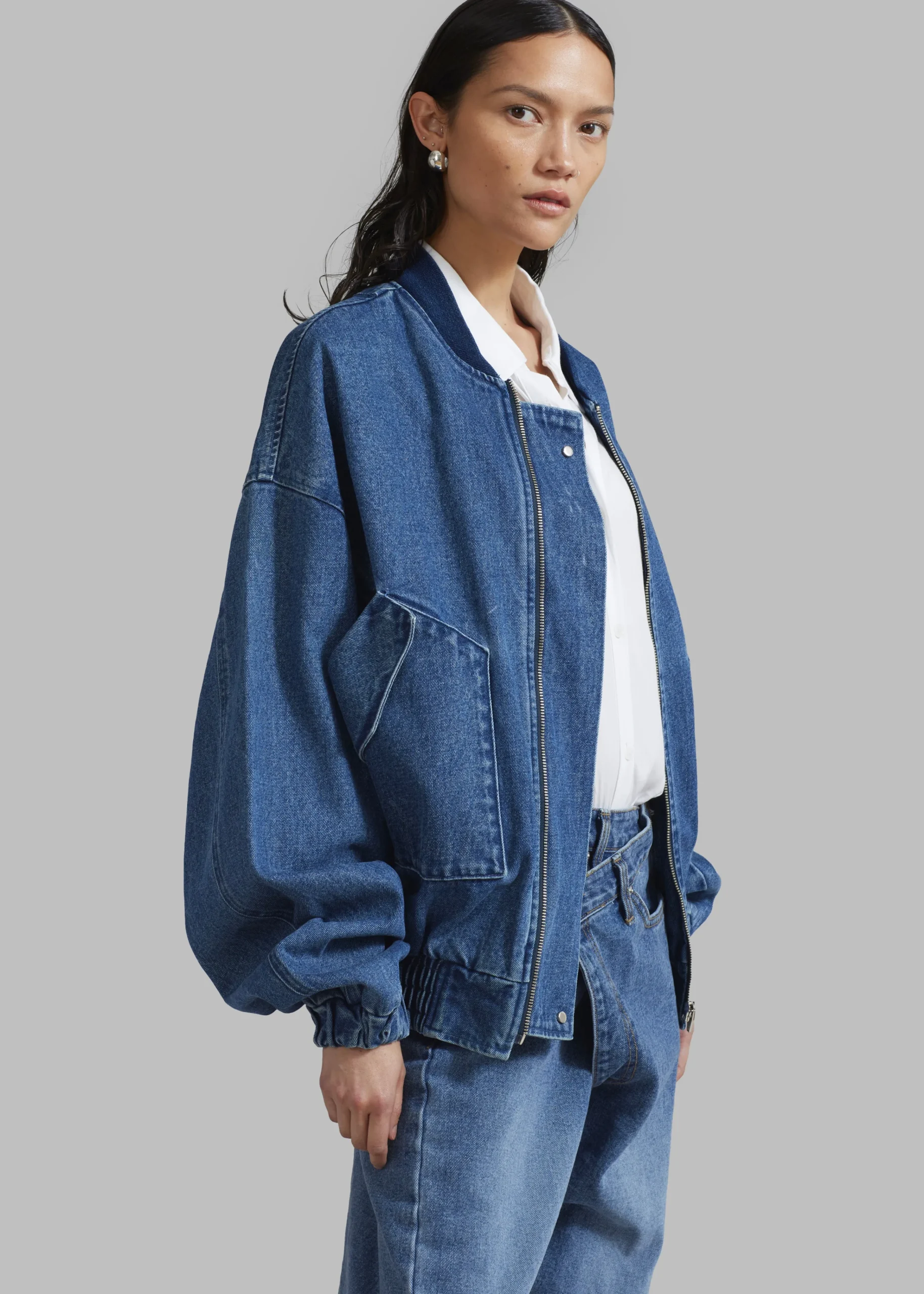 The Frankie Shop Cade Denim Bomber Medium Wash New