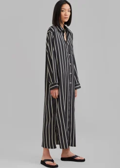 The Frankie Shop Cala Satin Shirt Dress Beige Stripe Discount