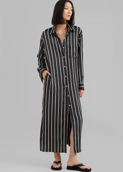 The Frankie Shop Cala Satin Shirt Dress Beige Stripe Discount