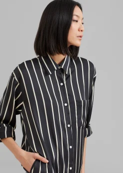 The Frankie Shop Cala Satin Shirt Dress Beige Stripe Discount