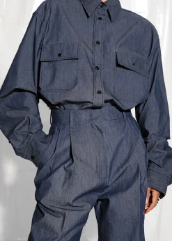 The Frankie Shop Cidra Pocket Denim-Effect Shirt Dark Indigo Online