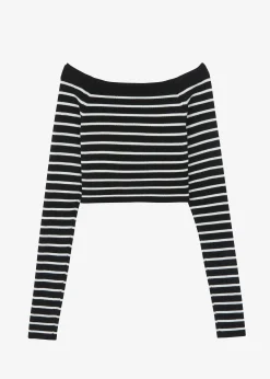 The Frankie Shop Coco Black Off Shoulder Sweater White Stripe Best