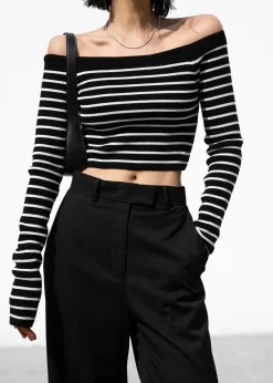 The Frankie Shop Coco Black Off Shoulder Sweater White Stripe Best