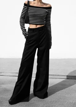 The Frankie Shop Coco Black Off Shoulder Sweater White Stripe Best