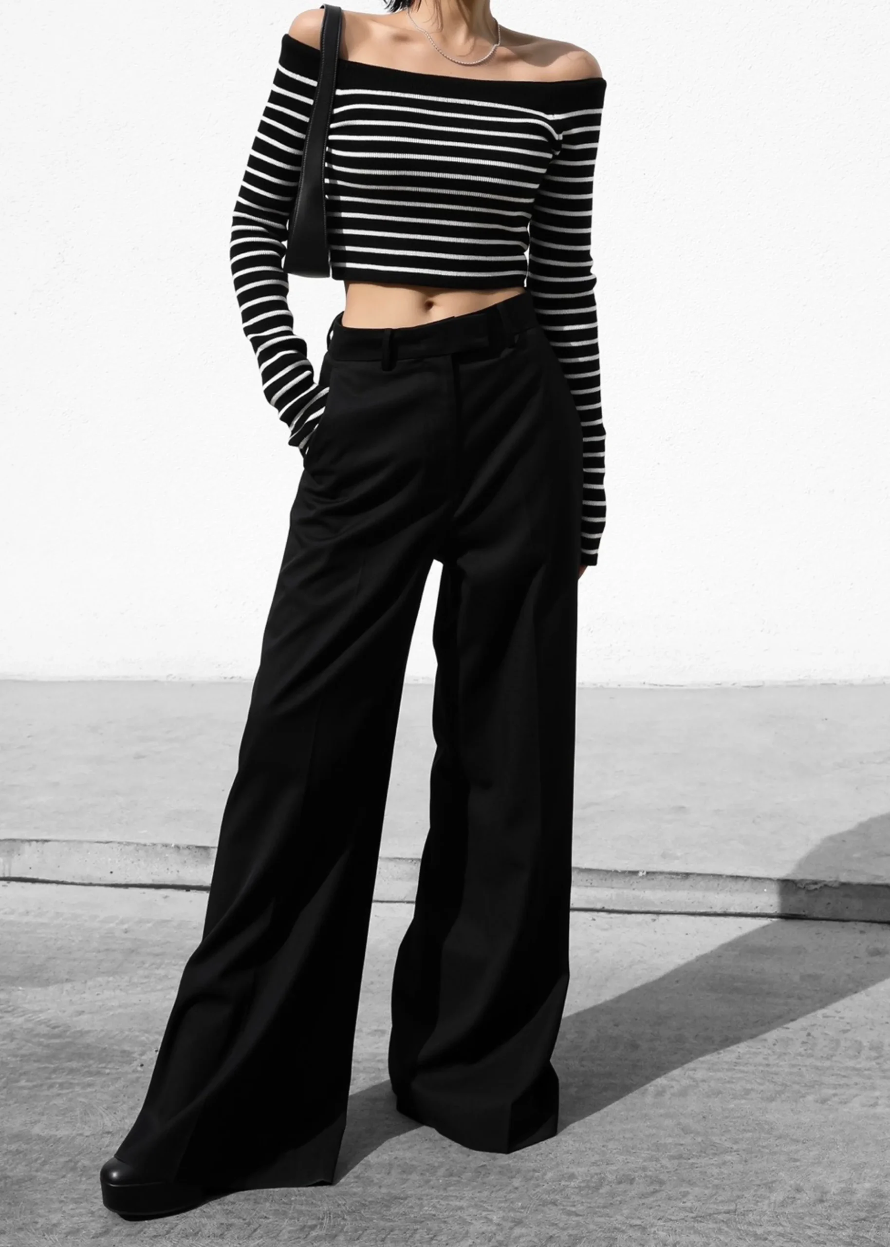 The Frankie Shop Coco Black Off Shoulder Sweater White Stripe Best